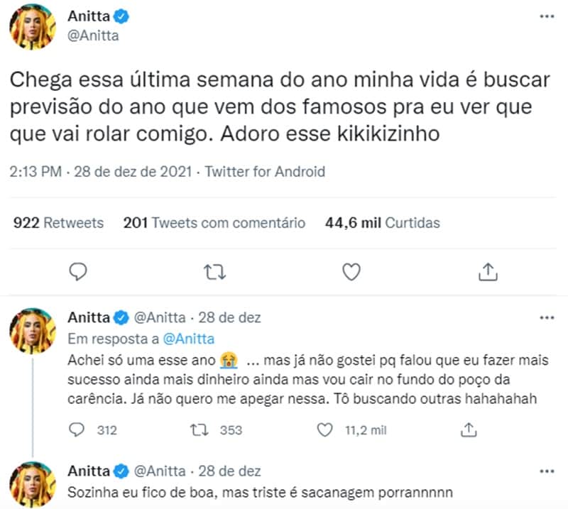 Tuítes da cantora Anitta que tem mais de 15 milhões de seguidores na plataforma (Foto: Reprodução/ Twitter) Tuítes da cantora Anitta que tem mais de 15 milhões de seguidores na plataforma (Foto: Reprodução/ Twitter)