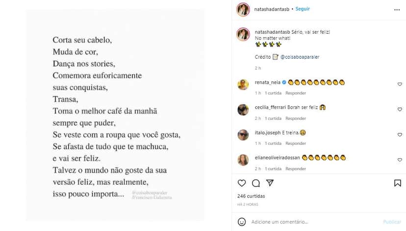 Natasha Dantas, esposa de Bonner, compartilhou post alto astral nas redes sociais (Foto: Reprodução/Instagram) Natasha Dantas, esposa de Bonner, compartilhou post alto astral nas redes sociais (Foto: Reprodução/Instagram)