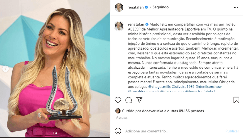 Renata Fan comemora prêmio (Foto: Reprodução) Renata Fan comemora prêmio (Foto: Reprodução)