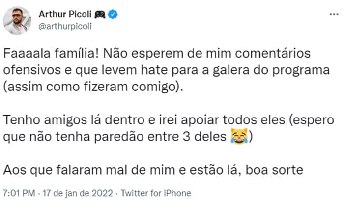 Tweet de Arthur Picoli (Reprodução/ Twitter) Tweet de Arthur Picoli (Reprodução/ Twitter)