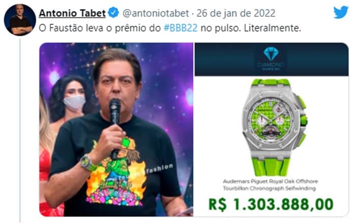 Humorista faz piada do relógio de Faustão (Reprodução/ Twitter) Humorista faz piada do relógio de Faustão (Reprodução/ Twitter)
