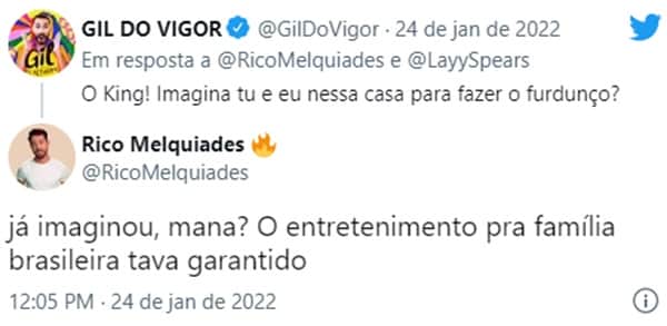 Gil do Vigor sugere a Rico Melquiades esquentar o BBB22 se tivessem a oportunidade (Reprodução/ Twitter) Gil do Vigor sugere a Rico Melquiades esquentar o BBB22 se tivessem a oportunidade (Reprodução/ Twitter)