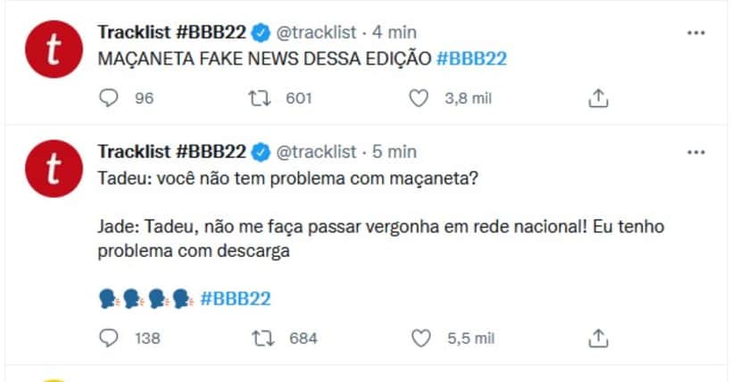 Diálogo entre Tadeu e Jade repercutiu na internet (Foto: Reprodução / Twitter) Diálogo entre Tadeu e Jade repercutiu na internet (Foto: Reprodução / Twitter)