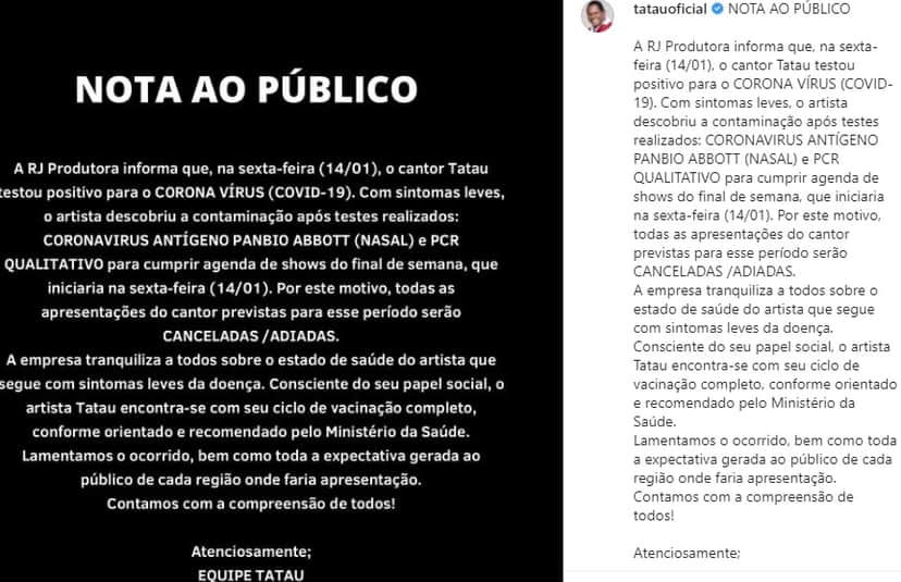 Nota oficial do cantor Tatau (Reprodução/ Instagram) Nota oficial do cantor Tatau (Reprodução/ Instagram)