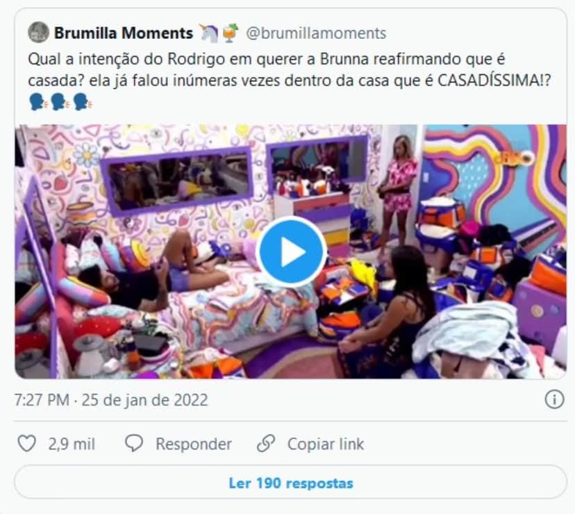 Pergunta de Rodrigo para Brunna repercutiu na internet (Foto: Reprodução / Twitter) Pergunta de Rodrigo para Brunna repercutiu na internet (Foto: Reprodução / Twitter)