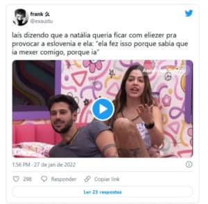 Laís contou para Eslô que Natália ficou chateada (Foto: Reprodução / Twitter) Laís contou para Eslô que Natália ficou chateada (Foto: Reprodução / Twitter)