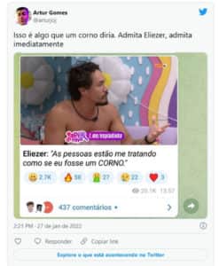 Público debochou de Eliezer que se achou 'corno' (Foto: Reprodução / Twitter) Público debochou de Eliezer que se achou 'corno' (Foto: Reprodução / Twitter)