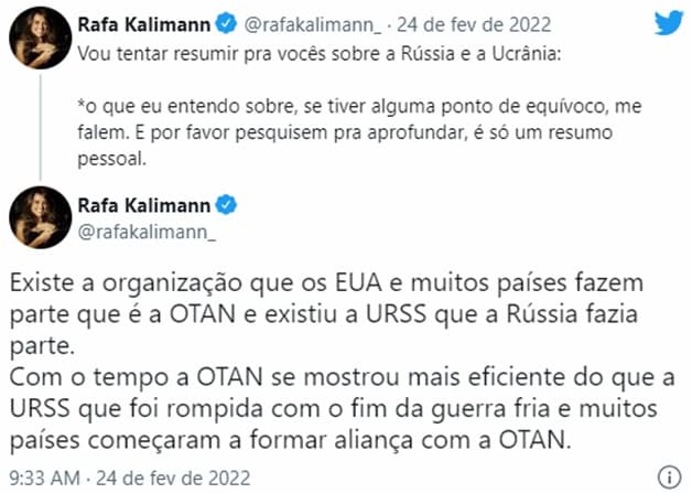 Alguns dos tuíter de Rafa Kalimann sobre o assunto; Apresentadora foi duramente criticada (Reprodução/ Twitter) Alguns dos tuíter de Rafa Kalimann sobre o assunto; Apresentadora foi duramente criticada (Reprodução/ Twitter)