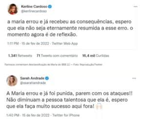 As ex-BBBs Kerline e Sarah também se manifestaram sobre a saída de Maria (Foto: Reprodução / Twitter) As ex-BBBs Kerline e Sarah também se manifestaram sobre a saída de Maria (Foto: Reprodução / Twitter)