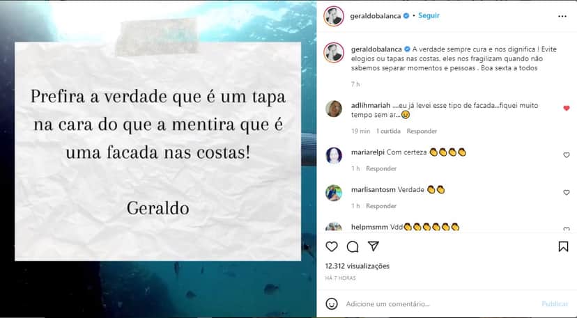 Compartilhamento de Geraldo Luís no Instagram - Foto: Reprodução Compartilhamento de Geraldo Luís no Instagram - Foto: Reprodução