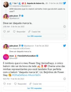 Equipe de Jade Picon leva invertida da Avon, patrocinadora do BBB22 (Foto: Reprodução / Twitter) Equipe de Jade Picon leva invertida da Avon, patrocinadora do BBB22 (Foto: Reprodução / Twitter)
