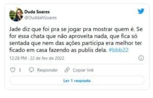 Internautas detonaram atitude de Jade Picon com as patrocinadoras do BBB22 (Foto: Reprodução / Twitter) Internautas detonaram atitude de Jade Picon com as patrocinadoras do BBB22 (Foto: Reprodução / Twitter)