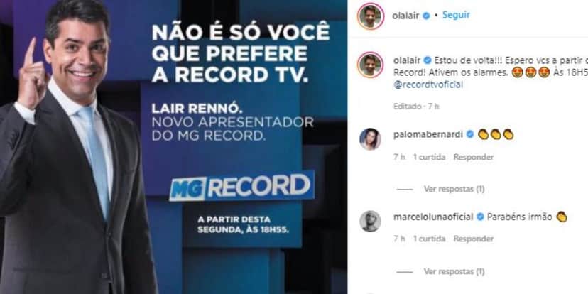 Lair Rennó apresentará o "MG Record" (Foto: Reprodução/Instagram) Lair Rennó apresentará o "MG Record" (Foto: Reprodução/Instagram)