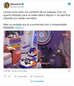 Larissa causou comoção na web ao encarar botão de desistência (Foto: Reprodução / Twitter) Larissa causou comoção na web ao encarar botão de desistência (Foto: Reprodução / Twitter)