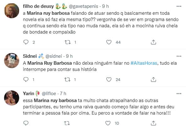 No Altas Horas, Marina foi detonada por não deixar os demais participantes falarem sem serem interrompidos por ela (Foto: Reprodução) No Altas Horas, Marina foi detonada por não deixar os demais participantes falarem sem serem interrompidos por ela (Foto: Reprodução)