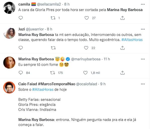 No Altas Horas, Marina foi detonada por não deixar os demais participantes falarem sem serem interrompidos por ela (Foto: Reprodução) No Altas Horas, Marina foi detonada por não deixar os demais participantes falarem sem serem interrompidos por ela (Foto: Reprodução)