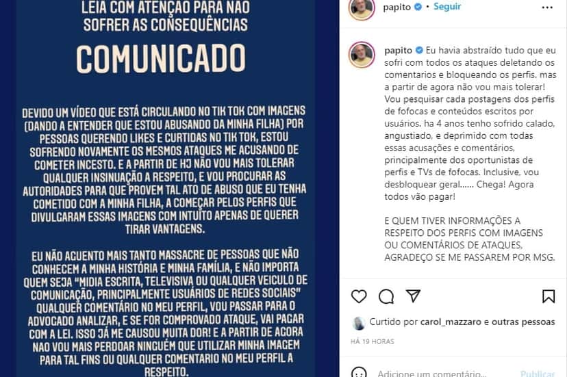 Ayrton Lima publicou comunicado oficial de aviso e desabafo em suas redes sociais (Reprodução/ Instagram) Ayrton Lima publicou comunicado oficial de aviso e desabafo em suas redes sociais (Reprodução/ Instagram)