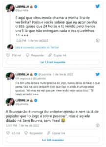 Os tuítes da funkeira sobre Brunna do BBB22 (Foto: Reprodução / Twitter) Os tuítes da funkeira sobre Brunna do BBB22 (Foto: Reprodução / Twitter)