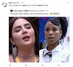 Fãs do BBB22 falam sobre Jade Picon e Karol Conká (Foto: Reprodução / Twitter) Fãs do BBB22 falam sobre Jade Picon e Karol Conká (Foto: Reprodução / Twitter)