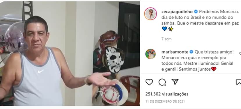 Zeca Pagodinho presta última homenagem a sambista e recebe apoio de Marisa Monte (Reprodução/ Instagram) Zeca Pagodinho presta última homenagem a sambista e recebe apoio de Marisa Monte (Reprodução/ Instagram)