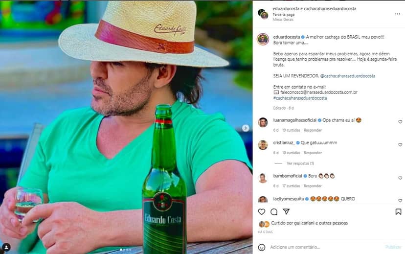 Eduardo Costa está divulgando sua marca de cachaça no Instagram Eduardo Costa está divulgando sua marca de cachaça no Instagram