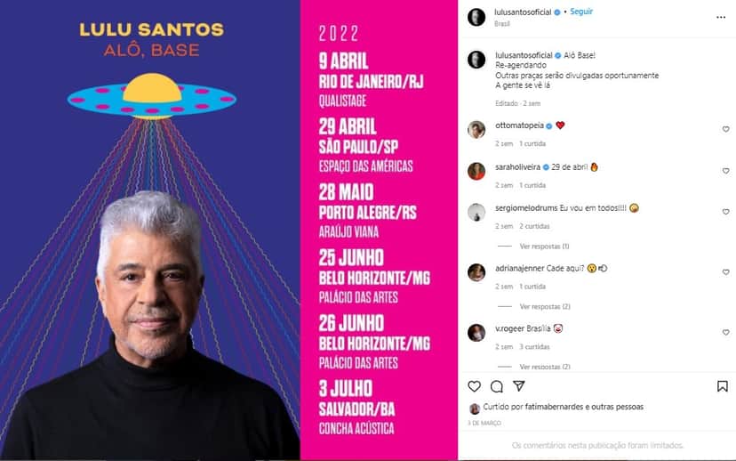 Lulu Santos anunciou nova turnê após cancelamento por surto de Covid Lulu Santos anunciou nova turnê após cancelamento por surto de Covid
