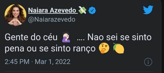 Naiara Azevedo rebate atitudes de Larissa no BBB22 (Reprodução/ Twitter) Naiara Azevedo rebate atitudes de Larissa no BBB22 (Reprodução/ Twitter)