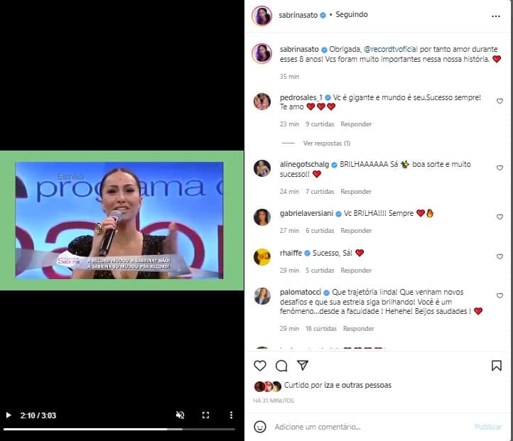 Sabrina Sato anunciou despedida da Record através de um vídeo do Instagram Sabrina Sato anunciou despedida da Record através de um vídeo do Instagram