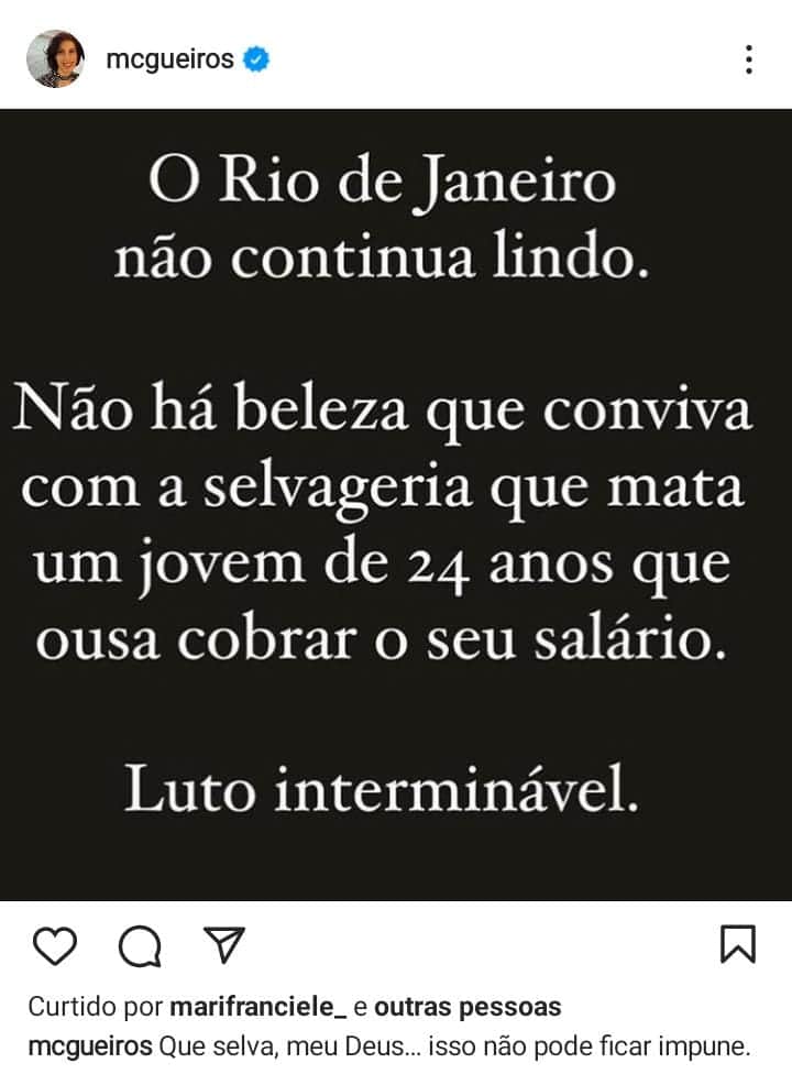 Maria Clara Gueiros se comoveu com assassinato (Foto: Instagram) Maria Clara Gueiros se comoveu com assassinato (Foto: Instagram)