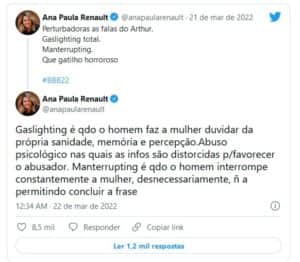 Ana Paula Renault criticou Arthur do BBB22 em sua rede social (Foto: Reprodução / Twitter) Ana Paula Renault criticou Arthur do BBB22 em sua rede social (Foto: Reprodução / Twitter)