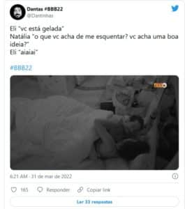 Internautas reagiram a noite quente de Eliezer e Natália no BBB22 (Foto: Reprodução / Twitter) Internautas reagiram a noite quente de Eliezer e Natália no BBB22 (Foto: Reprodução / Twitter)