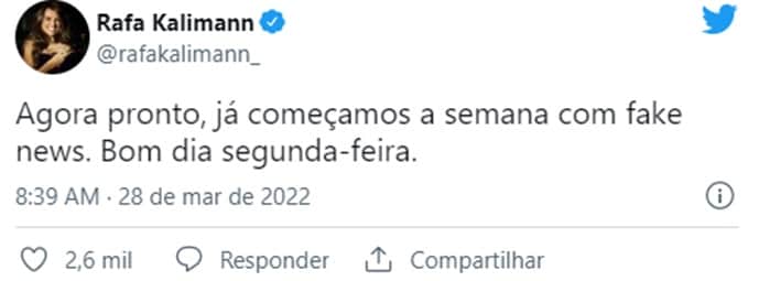 Rafa Kalimann detonou no microblog Rafa Kalimann detonou no microblog