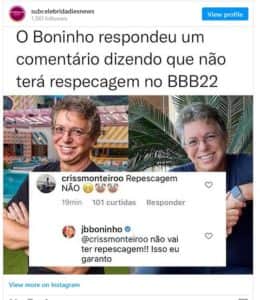 Boninho respondeu sobre repescagem no BBB22 e garantiu que eliminados não voltarão para o jogo (Foto: Reprodução / Instagram) Boninho respondeu sobre repescagem no BBB22 e garantiu que eliminados não voltarão para o jogo (Foto: Reprodução / Instagram)