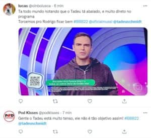 Internautas repercutiram a apresentação de Tadeu no BBB22 (Foto: Reprodução / Twitter) Internautas repercutiram a apresentação de Tadeu no BBB22 (Foto: Reprodução / Twitter)