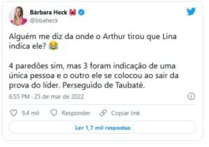 Bárbara Heck reage contra Arthur Aguiar no BBB22 (Foto: Reprodução / Twitter) Bárbara Heck reage contra Arthur Aguiar no BBB22 (Foto: Reprodução / Twitter)
