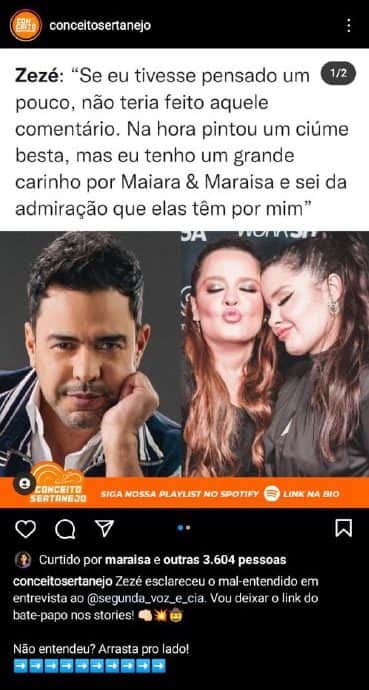 Zezé Di Camargo se arrependeu do comentário que fez sobre Maiara e Maraisa (Foto: Reprodução) Zezé Di Camargo se arrependeu do comentário que fez sobre Maiara e Maraisa (Foto: Reprodução)