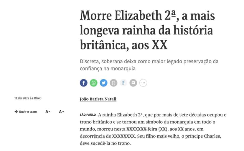 Folha de São Paulo anuncia, por engano, morte da Rainha Elizabeth - Reprodução Folha de São Paulo anuncia, por engano, morte da Rainha Elizabeth - Reprodução