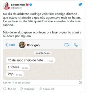 Bárbara do BBB22 expõe conversa com Rodrigo no dia do acidente (Foto: Reprodução / Twitter) Bárbara do BBB22 expõe conversa com Rodrigo no dia do acidente (Foto: Reprodução / Twitter)