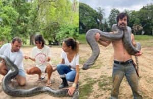 Cobra sucuri com o elenco de 'Pantanal' (Foto: Reprodução / Globo) Cobra sucuri com o elenco de 'Pantanal' (Foto: Reprodução / Globo)