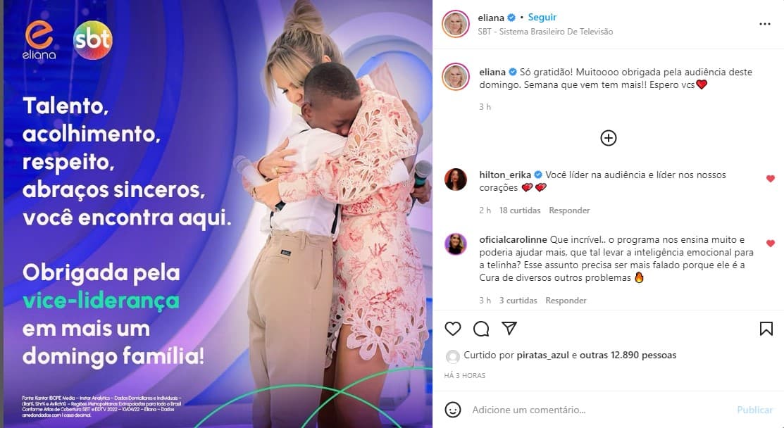 Eliana agradece audiência aos domingos - Foto: Reprodução Eliana agradece audiência aos domingos - Foto: Reprodução