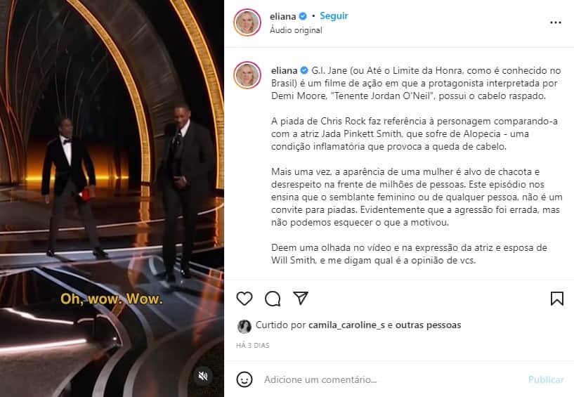 Eliana comenta agressão contra Will Smith (Foto: Reprodução) Eliana comenta agressão contra Will Smith (Foto: Reprodução)