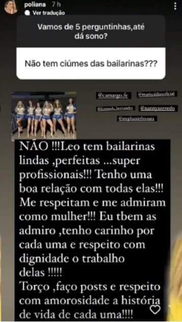 De acordo com Poliana Rocha, bailarinas de Leonardo são incríveis (Reprodução) De acordo com Poliana Rocha, bailarinas de Leonardo são incríveis (Reprodução)