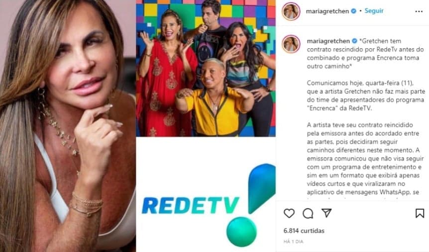 Post nas redes sociais de Gretchen anunciando a demissão da RedeTV! (Foto: Reprodução/ Instagram) Post nas redes sociais de Gretchen anunciando a demissão da RedeTV! (Foto: Reprodução/ Instagram)