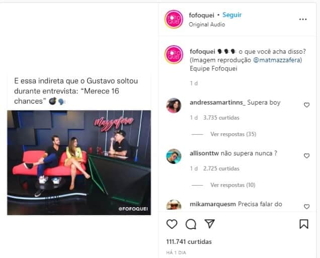 Post que Maíra Cardi comentou sua revolta com Gustavo Marsengo (Foto: Reprodução) Post que Maíra Cardi comentou sua revolta com Gustavo Marsengo (Foto: Reprodução)