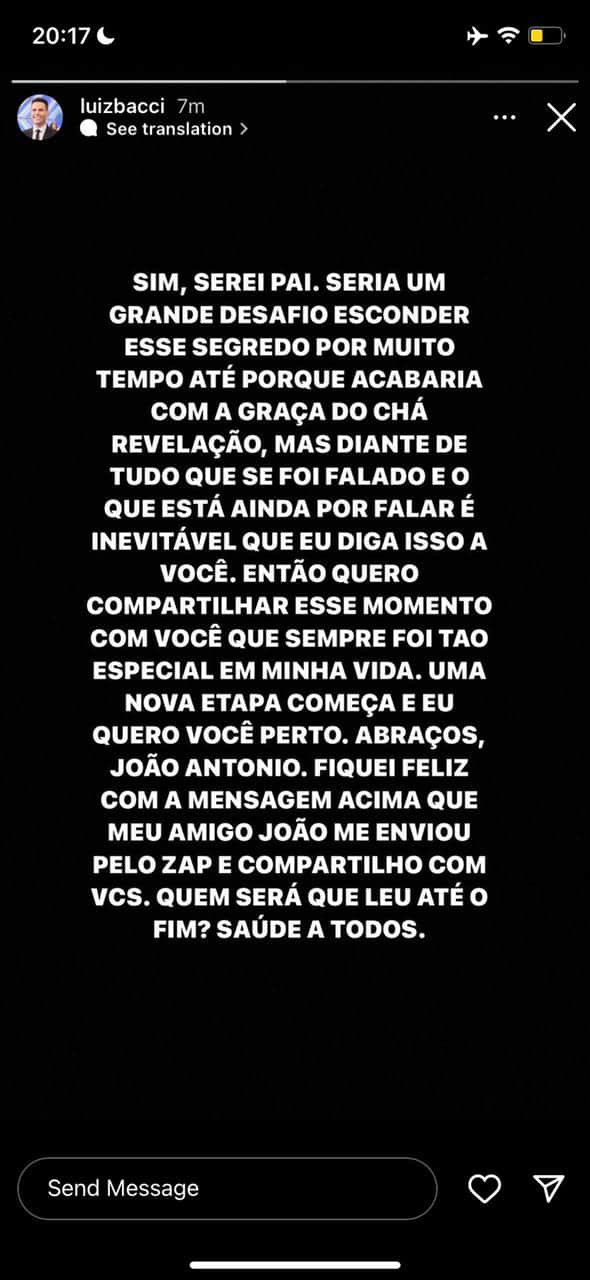 "Seria um desafio esconder", Luiz Bacci faz comunicado sobre paternidade e confirma: "Sim, serei pai" "Seria um desafio esconder", Luiz Bacci faz comunicado sobre paternidade e confirma: "Sim, serei pai"