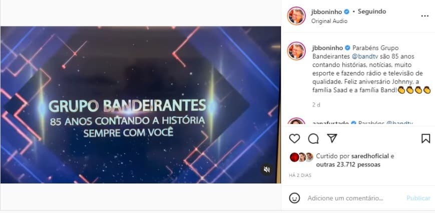Boninho faz homenagem ao Grupo Bandeirantes (Foto: Reprodução/Instagram) Boninho faz homenagem ao Grupo Bandeirantes (Foto: Reprodução/Instagram)