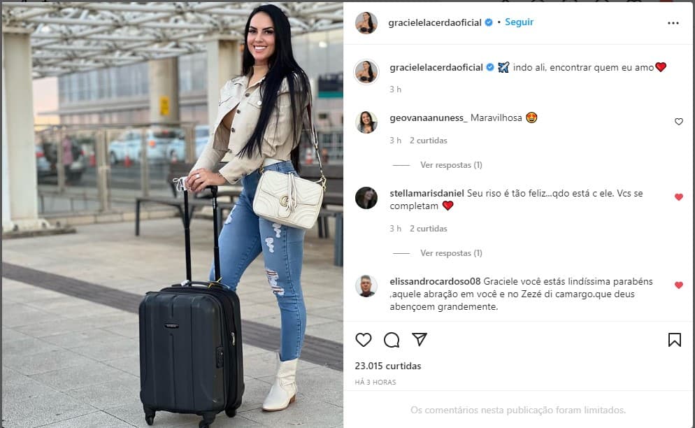 Graciele Lacerda sai ao encontro de Zezé - Foto: Reprodução/Instagram Graciele Lacerda sai ao encontro de Zezé - Foto: Reprodução/Instagram