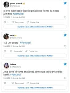Internautas brincaram e criticaram Jove (Jesuíta Barbosa) pelado na frente de Juma (Alanis Guillen) em 'Pantanal' (Foto: Reprodução / Twitter) Internautas brincaram e criticaram Jove (Jesuíta Barbosa) pelado na frente de Juma (Alanis Guillen) em 'Pantanal' (Foto: Reprodução / Twitter)