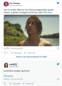 Internautas brincaram e criticaram Jove (Jesuíta Barbosa) pelado na frente de Juma (Alanis Guillen) em 'Pantanal' (Foto: Reprodução / Twitter) Internautas brincaram e criticaram Jove (Jesuíta Barbosa) pelado na frente de Juma (Alanis Guillen) em 'Pantanal' (Foto: Reprodução / Twitter)