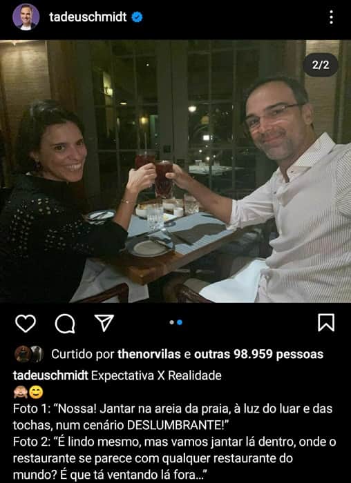 Tadeu Schmidt brinca com decisão dele e de sua esposa em comerem na parte interna de restaurante Tadeu Schmidt brinca com decisão dele e de sua esposa em comerem na parte interna de restaurante